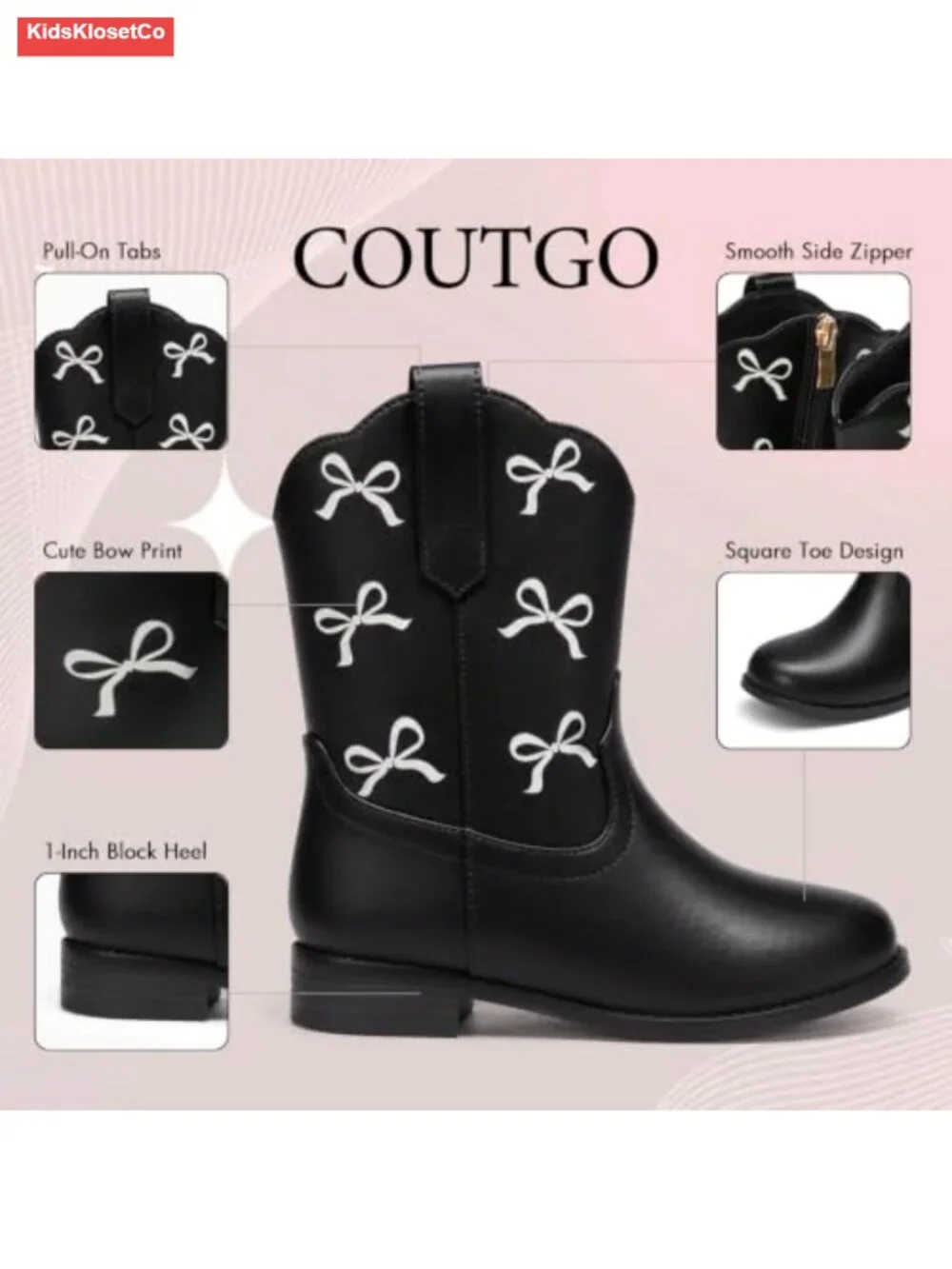 Girls Cowgirl Boots Western Square Toe Bow Mid Calf Faux Leather